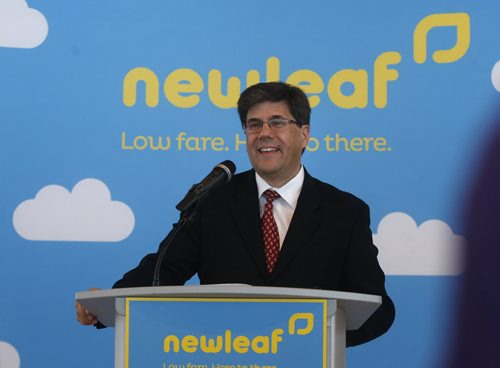 Jim Young, pres. and CEO NewLeaf Travel Company announcing fares and dates for scheduled flights at a news conference Wednesday morning at James A Richardson Airport. Geoff Kirbyson Story. Wayne Glowacki / Winnipeg Free Press Jan. 6 2016