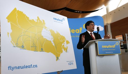 Jim Young, pres. and CEO NewLeaf Travel Company announcing fares and dates for scheduled flights at a news conference Wednesday morning at James A Richardson Airport. Geoff Kirbyson Story. Wayne Glowacki / Winnipeg Free Press Jan. 6 2016