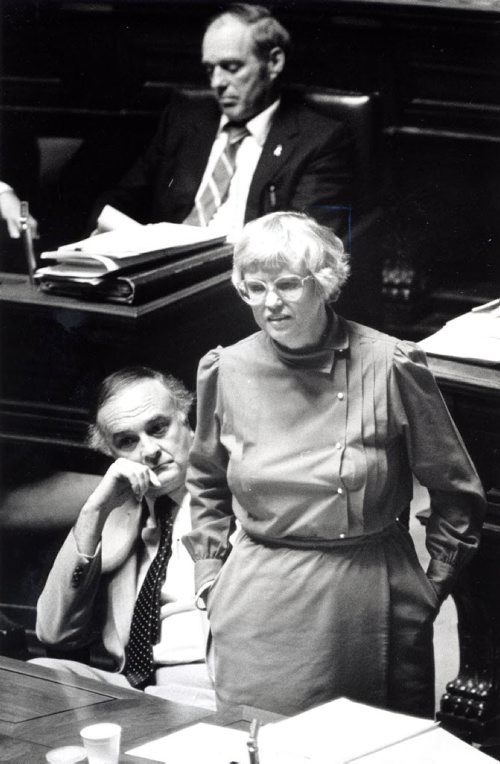 Minister of Labour and Housing Muriel Smith, with cabinet responsibilities for the Status of Women, with Premier Howard Pawley and Al Mackling, rear. May 25, 1987 Phil Hossack / Winnipeg Free Press