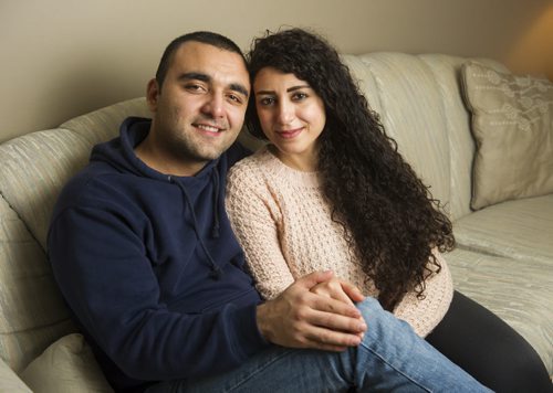 DAVID LIPNOWSKI / WINNIPEG FREE PRESS 160106  Reem Younes and her husband Brian Darweesh are photographed in their apartment in Winnipeg Wednesday January 6, 2015. The refugees came to Canada from Syria in March 2015.   For Year of the Refugee  running in 49.8  Carol Sanders story.