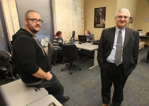 New Red River College program ACE Project Space that links business information technology students at RRC with start-up entrepreneurs for unique type of student co-op placement. Haider Al-Saidi, right is head of the RRC info tech program and  Daniel Blair is a young entrepreneur whos been taking in RRC students- See Martin Cash Story- Jan 07, 2016   (JOE BRYKSA / WINNIPEG FREE PRESS)
