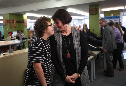 Lois Brothers and her son Josiah Brothers - 15yrs (with special needs), share a nice moment while talking to the media about further funding for children with special needs after press conference was held at Glenlawn Collegiate Thursday with Education Minister James Allum Goes with story. Nick Martin will be there. N. Martin story. Jan 07, 2016 Ruth Bonneville / Winnipeg Free Press