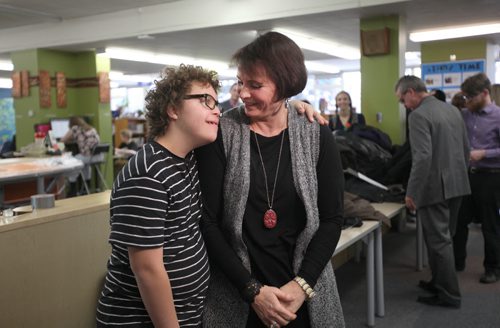 Lois Brothers and her son Josiah Brothers - 15yrs (with special needs), share a nice moment while talking to the media about further funding for children with special needs after press conference was held at Glenlawn Collegiate Thursday with Education Minister James Allum   Goes with story.  Nick Martin will be there.  N. Martin story.  Jan 07, 2016 Ruth Bonneville / Winnipeg Free Press