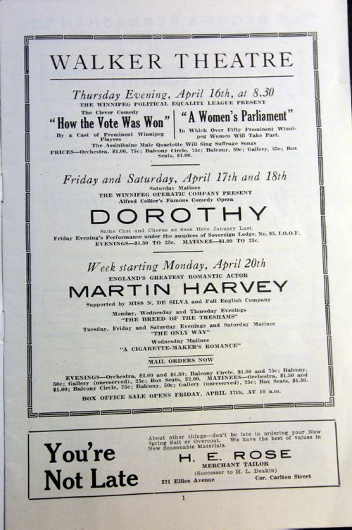 COPY PHOTOS FROM MB ARCHIVES - Walker Theatre program with advertisement for "A Women's Parliament"  c.1914. BORIS MINKEVICH / WINNIPEG FREE PRESS  January 7, 2016