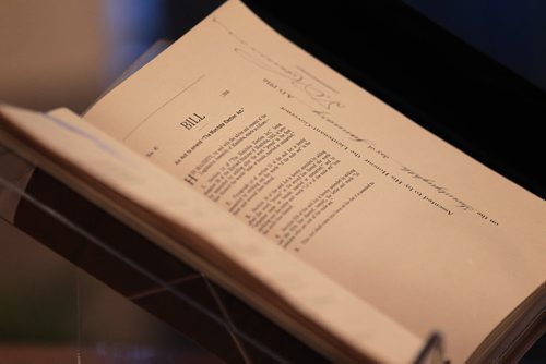 Original Bill from 1916 amending women's right to vote was on display at the 1st celebratory event  honouring the 100-year milestone in Manitoba womens electoral progress at the Legislative Building Friday.   Jan 08, 2016 Ruth Bonneville / Winnipeg Free Press