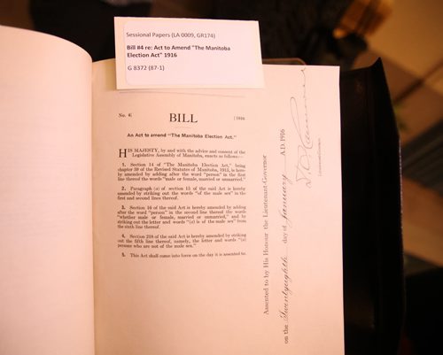 Original Bill from 1916 amending the Manitoba Election Act giving women the right to vote was on display at the 1st celebratory event  honouring the 100-year milestone in Manitoba womens electoral progress at the Legislative Building Friday.   Jan 08, 2016 Ruth Bonneville / Winnipeg Free Press