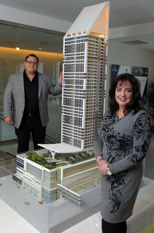 SkyCity Centre condo display suite at 279 Garry St. (east side between Portage and Graham). (left to right) Realtors Matthew Nicolas and Susan Joshi pose for a photo at the Sky City display address. BORIS MINKEVICH / WINNIPEG FREE PRESS January 8, 2016