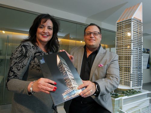 SkyCity Centre condo display suite at 279 Garry St. (east side between Portage and Graham). (left to right) Realtors Susan Joshi and Matthew Nicolas pose for a photo at the Sky City display address. BORIS MINKEVICH / WINNIPEG FREE PRESS January 8, 2016