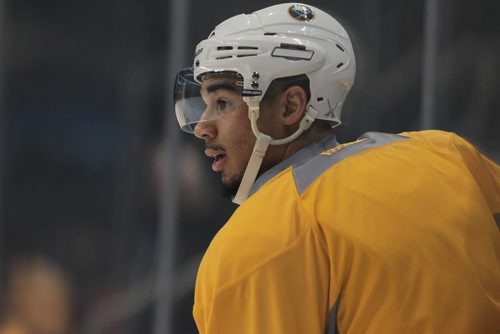 Evander Kane heads onto the ice at the MTS Centre for practice Saturday.  Jan 09, 2016 Ruth Bonneville / Winnipeg Free Press