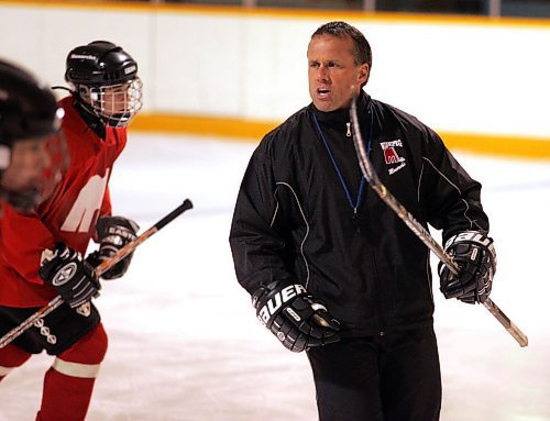 BORIS MINKEVICH / WINNIPEG FREE PRESS  080204 Winnipeg Monarchs coach Carey Chartier during practice at Keith Bodley Arena.