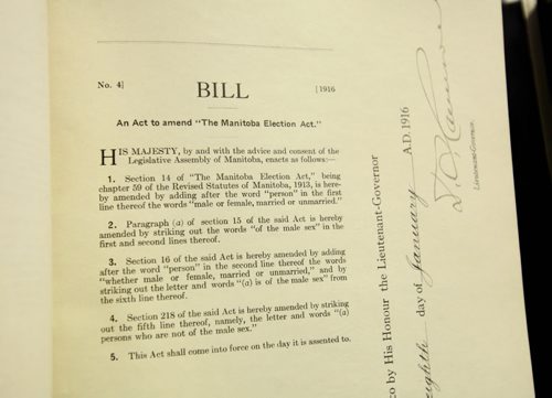 Original Bill from 1916 amending women's right to vote was on display at the 1st celebratory event  honouring the 100-year milestone in Manitoba womens electoral progress at Manitoba Archives Saturday during open house.    Jan 08, 2016 Ruth Bonneville / Winnipeg Free Press