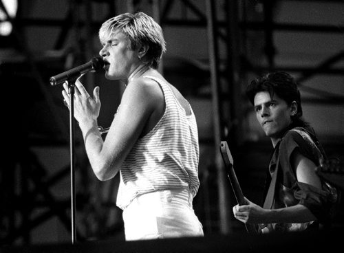 David Bowie concert August 19, 1987. Duran Duran's lead singer Simon Le Bon (left) with bass player John Taylor (right) during the David Bowie Glass Spider concert at the Winnipeg Stadium. Todd Korol / Winnipeg Free Press