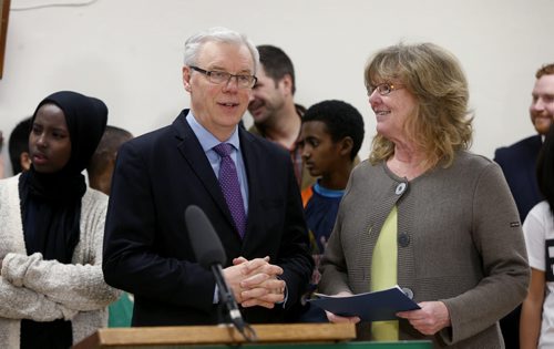 Premier Greg Selinger and Labour and Immigration Minister Erna Braun for the announcement regarding education support for Syrian refugee students and updating Manitobas Syrian refugee settlement strategy. The event Monday was held at Hugh John MacDonald School.  Nick Martin  story.  Wayne Glowacki / Winnipeg Free Press Jan. 11 2016