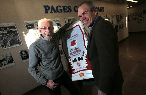Christmas Cheer Fund's Kai Madsen (left) poses with Winnipeg Free Press Publisher Bob Cox Tuesday afternoon, See Kevin Rollason's story. January 12, 2016 - (Phil Hossack / Winnipeg Free Press)