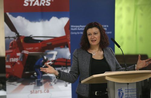 Health Minister Sharon Blady at the announcement Tuesday regarding the upcoming opening of the Helipad atop the roof of the Diagnostic Centre of Excellence at HSC Winnipeg.  Larry Kusch story Wayne Glowacki / Winnipeg Free Press Jan. 12 2016