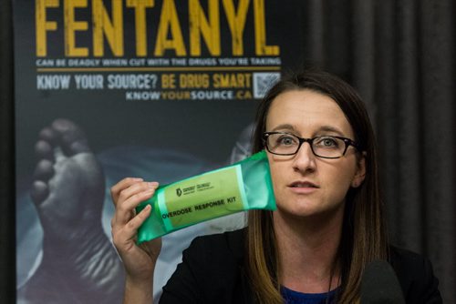 The NDP government announced the creation of a new task force to address a growing illegal use of fentanyl, a powerful synthetic opioid drug.  Dr. Joss Reimer, medical officer of health, WRHA, holds up a naloxone kit which will be made available to high-risk opioid users for emergency overdoses. 160113 - Sunday, January 13, 2016 -  MIKE DEAL / WINNIPEG FREE PRESS