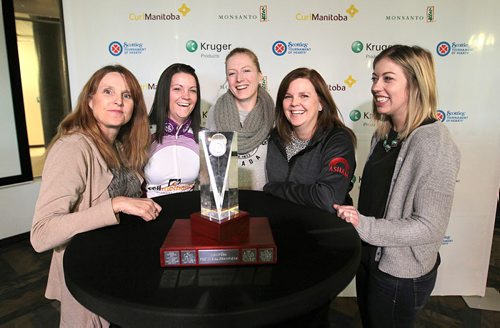 Curling skips for the top 5 seeds get together for a group photo at the press conference for the upcoming annual Scotties Tournament of Hearts Wednesday at Sport Manitoba.  The tournament will take place in Beausejour this year January 20-24th.   Names from left - Darcy Robertson, Kerri Einarson, Kristy McDonald, Barb Spencer and Michelle Montford.    Jan 13, 2016 Ruth Bonneville / Winnipeg Free Press