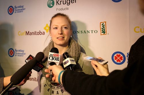 Skip Kristy McDonald is interviewed by the media at the press conference for the upcoming annual Scotties Tournament of Hearts Wednesday at Sport Manitoba.  The tournament will take place in Beausejour this year January 20-24th and her team is one of the top 5 in event.    Jan 13, 2016 Ruth Bonneville / Winnipeg Free Press