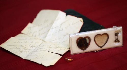 Jim and Patricia Halliday, from near Boissevain, with a locket, ring, bible, and letter, that belonged to Private Sidney Halliday, who was killed in the First World War and will have a lake named in his honour, Wednesday, January 13, 2016. (TREVOR HAGAN/WINNIPEG FREE PRESS)