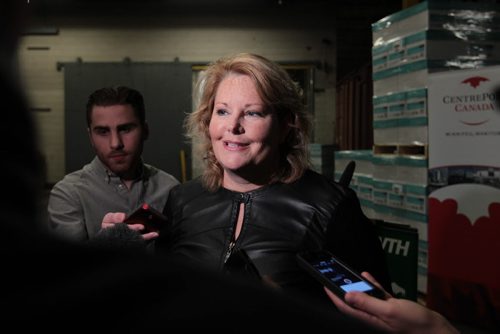 Diane Gray, president and CEO, CentrePort Canada Inc.  talks to the media after announcing new Rail Park to break ground at Manitoba's inland port with Premier Greg Selinger also in attendance Thursday at Bison Warehouse.   See Martin Cash story.   Jan 14, 2016 Ruth Bonneville / Winnipeg Free Press