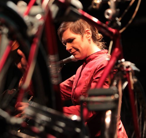ENT Evalyn Parry rehearses for her upcoming show at PTE called - SPIN;  the bicycle as an agent of social change...and a musical instrument, a 90 min eclectic production of songs, stories, history and music that runs Jan.13 - Jan.31 2016.  January 14, 2016 Ruth Bonneville /  Winnipeg Free Press