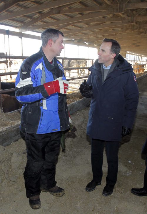 Minister of Finance Bill Morneau in Dugald, MB visiting a cattle farm. It's part of a Pre-Budget Consultations from coast to coast. He visited Calvin Vaag's cattle farm in frigid -20c temps. Here he is talks with Calvin Vaag, left, at the farm. BORIS MINKEVICH / WINNIPEG FREE PRESS January 14, 2016