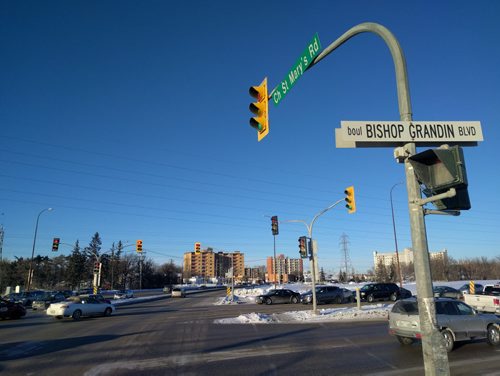 The intersection of Bishop Grandin and St. Marys which was listed by MPI as one of the worst intersections for vehicle accidents in 2015. David Lipnowski / Winnipeg Free Press