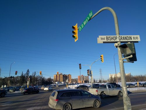 The intersection of Bishop Grandin and St. Marys which was listed by MPI as one of the worst intersections for vehicle accidents in 2015. David Lipnowski / Winnipeg Free Press