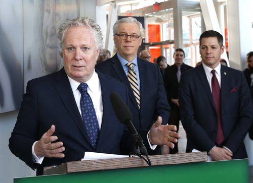 From left, former Quebec Premier Jean Charest, Premier Greg Selinger and  Mayor Brian Bowman, Charest was named Rail Relocation Task Force Chair at a news conference Thursday at The Forks. Mary Agnes story Wayne Glowacki / Winnipeg Free Press Jan. 14 2016