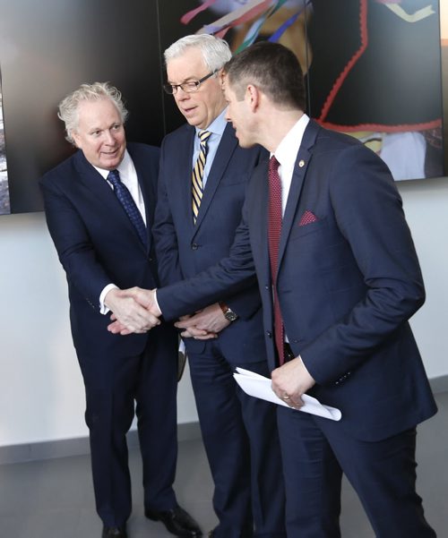 From left, former Quebec Premier Jean Charest, Premier Greg Selinger and Mayor Brian Bowman, Charest was named Rail Relocation Task Force Chair at a news conference Thursday at The Forks.Mary Agnes story Wayne Glowacki / Winnipeg Free Press Jan. 14 2016
