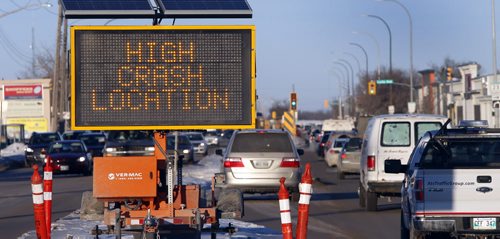 Warning sign on McPhillips St. approaching Leila Ave.   Winnipegs No. 1 collision intersection is Leila Ave. /McPhillips St.  with 2,326 collisions.    Wayne Glowacki / Winnipeg Free Press Jan. 14 2016