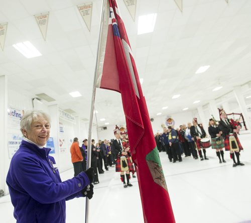 DAVID LIPNOWSKI / WINNIPEG FREE PRESS 160109  Past president of the Assiniboine Memorial Curling Club Womens League Elsie Rosler was a flag bearer during the opening ceremonies for the 2016 Manitoba Open at Assiniboine Memorial Curling Club January 14, 2016.