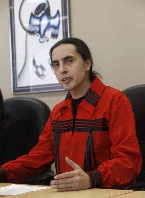 Chief Arlen Dumas, Mathias Colomb Cree Nation at a news conference Friday to update details on the First Nations agreement in relation to the purchase of the Hudson Bay Railway from Omnitrax. Martin Cash story Wayne Glowacki / Winnipeg Free Press Jan. 15 2016