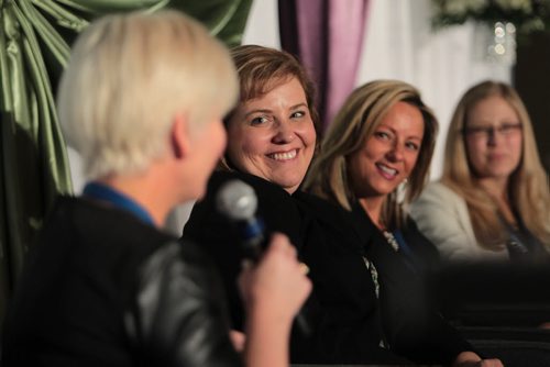 Heather Tulk, Chief Customer Officer, MTS Allstream (2nd from left) laughs along with a panel of four women business leaders in the province during a candid Q & A session on stage at the SheDay Conference held at the RBC Convention Centre Friday.  Also on the panel from left to right are - MaryAnn Kempe -Chief Human Resources Officer Birchwood Automotive Group (white/blond), Grace Palombo Ex VP Great-West Lifeco and Cathryne Johannesson - Ass. Branch Manager & VP RBC Dominion Securities (glasses). See Jen's column. Jan 15, 2016 Ruth Bonneville / Winnipeg Free Press