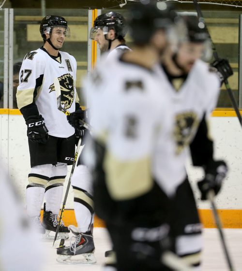 Manitoba Bisons' Jordan DePape, during warmup at the University of Manitoba, Friday, January 15, 2016. (TREVOR HAGAN/WINNIPEG FREE PRESS)