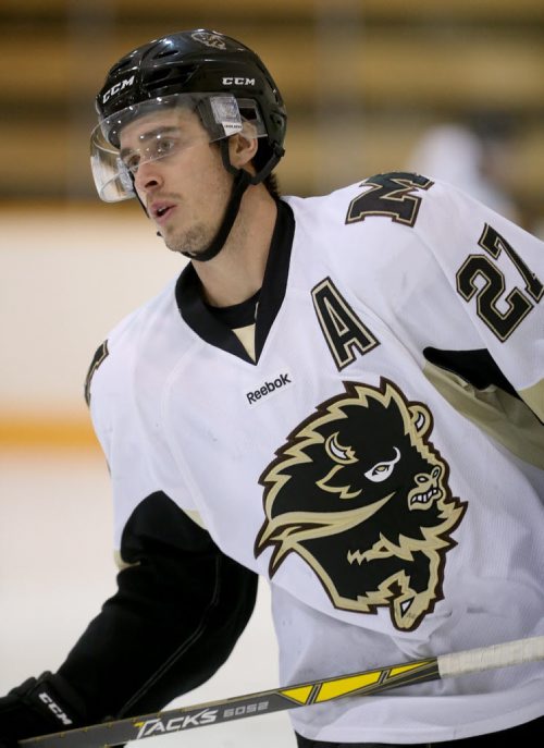 Manitoba Bisons' Jordan DePape, during warmup at the University of Manitoba, Friday, January 15, 2016. (TREVOR HAGAN/WINNIPEG FREE PRESS)