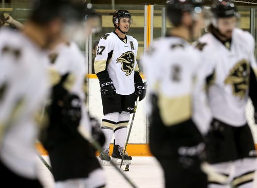 Manitoba Bisons' Jordan DePape, during warmup at the University of Manitoba, Friday, January 15, 2016. (TREVOR HAGAN/WINNIPEG FREE PRESS)