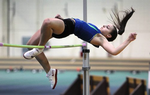 Madisson Lawrence makes her way over the bar while competing the the women's high jump event in the Athletics Manitoba Winter Open Track and Field Meet at the James Daly Fieldhouse, Max Bell Centre, U of Manitoba Saturday.   Jan 16, 2016 Ruth Bonneville / Winnipeg Free Press