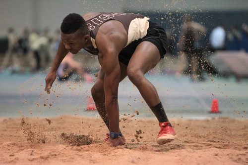 Abdul Sesay competes int he long jump event in the Athletics Manitoba Winter Open Track and Field Meet at the James Daly Fieldhouse, Max Bell Centre, U of Manitoba Saturday.   Jan 16, 2016 Ruth Bonneville / Winnipeg Free Press