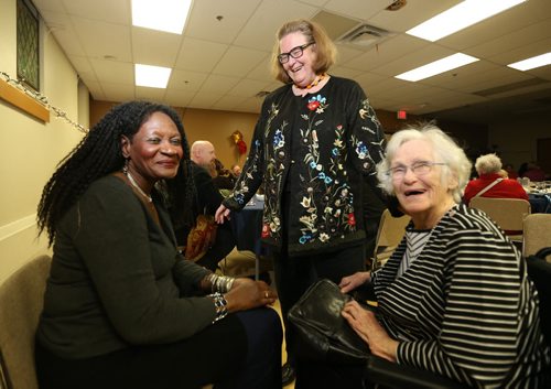 Rev. Lorna Howell, Rev. Cathy Campbell and her mother, Mary Campbell at West End Commons during Cathy's retirement dinner, Saturday, January 16, 2016. (TREVOR HAGAN/WINNIPEG FREE PRESS) FAITH SECTION