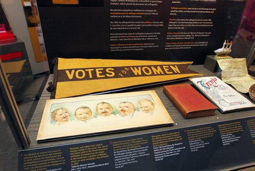 The Manitoba Museum has an exhibit called Nice Women Dont Want the Vote. Come various sketches and original banner (original color was black but it has faded over 100 years). BORIS MINKEVICH / WINNIPEG FREE PRESS January 18, 2016