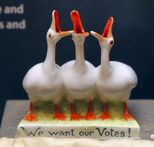 The Manitoba Museum has an exhibit called Nice Women Dont Want the Vote. This is a matchstick holder that made light of women voting. They were silly gooses and the match sticks were shoved down their necks to shut them up. BORIS MINKEVICH / WINNIPEG FREE PRESS January 18, 2016