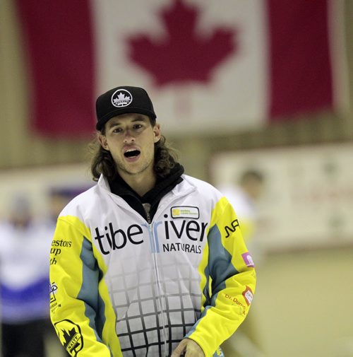 Skip Derek Oryniak sets his sights before delivering his rock Monday in the Free Press final at the MCA Open. See Tim Campbell's story. (Phil Hossack / Winnipeg Free Press)