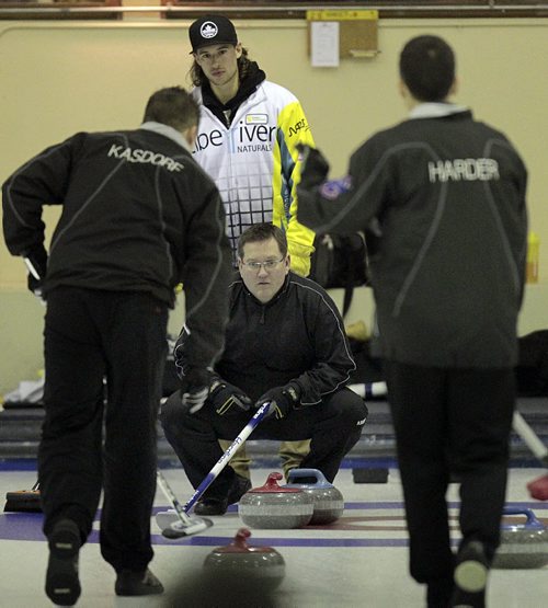 Skip Tory Hamilton keeps an eye on the incoming rock Monday in the Free Press final at the MCA Open. See Tim Campbell's story. (Phil Hossack / Winnipeg Free Press)
