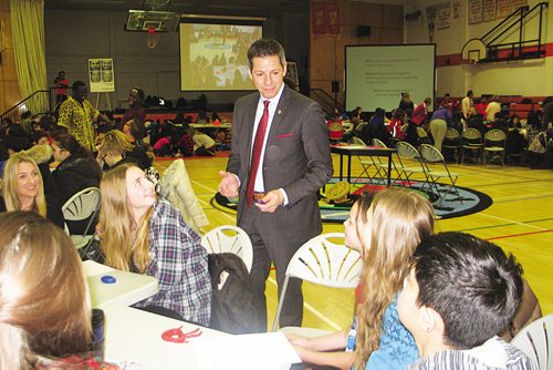 Canstar Community News Jan. 12, 2016 - Brian Bowman speaks to WSD students at St. John's High School on Jan. 12 as part of the WSD Everybody has the Right mid-year check-in event. (JARED STORY/THE TIMES/CANSTAR COMMUNITY NEWS)