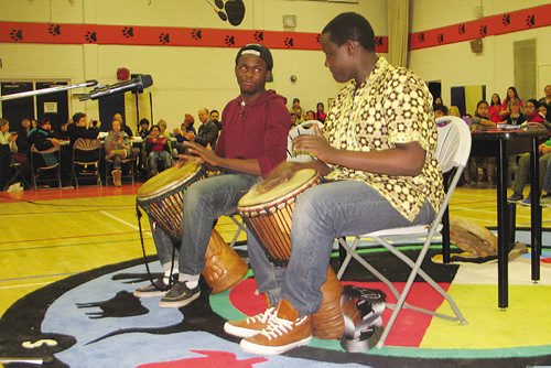 Canstar Community News Jan. 12, 2016 - Peaceful Village drummers perform at St. John's High School on Jan. 12 as part of the WSD Everybody has the Right mid-year check-in event. (JARED STORY/THE TIMES/CANSTAR COMMUNITY NEWS)