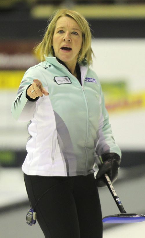 BEAUSEJOUR, MB - Cathy Overton-Clapham, or nicknamed Cathy "O", practices at the Sun Gro Centre for The Scotties Tournament of Hearts this afternoon. BORIS MINKEVICH / WINNIPEG FREE PRESS January 19, 2016