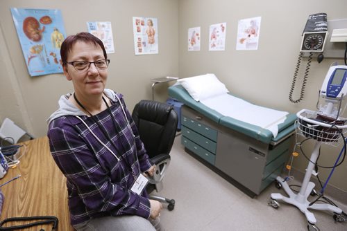 January 19, 2016 - 160119  - Angelika Fletcher, Manager of Saul Sair Health Centre in Siloam Mission is photographed in an exam room at the clinic Monday, January 18, 2016. Siloam Mission says that Seasonal Affective Disorder (SAD) affects its clientele at an alarming rate, where in one day 8 out os 11 visits to the health centre involve a SAD diagnosis. Fletcher says the clinic uses several methods, including a gym/exercise, to address SAD. John Woods / Winnipeg Free Press