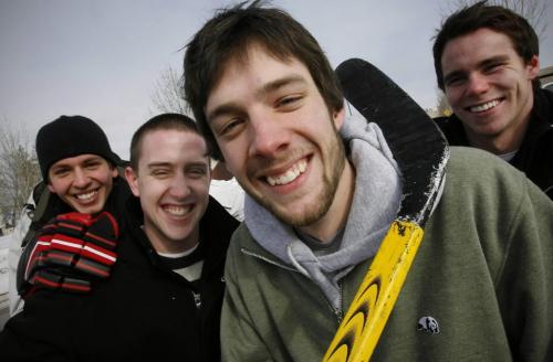 John Woods / Winnipeg Free Press / February 8, 2008- 080208  - Adam Kelso, Chad Cunningham, Chris Watchorn, and Kam Devine  (LtoR), street hockey players, pose for a photograph at the University of Manitoba Friday, February 8, 2008.  The friends hold the Guinness world record for longest street hockey game which they played May 13-17, 2007 in St. Norbert.