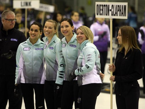 BEAUSEJOUR, MB - Opening ceremonies  at the Sun Gro Centre for The Scotties Tournament of Hearts Wednesday evening. Cathy Overton-Clapham, second from the right, 5th from the left, poses for a photo with her team. BORIS MINKEVICH / WINNIPEG FREE PRESS January 20, 2016